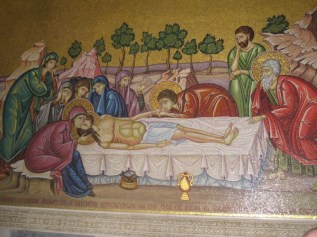 Mural near the Stone of Unction: the spot where Jesus' body was laid when first taken down from the Cross.  Church of the Holy Sepulcher, Jerusalem.